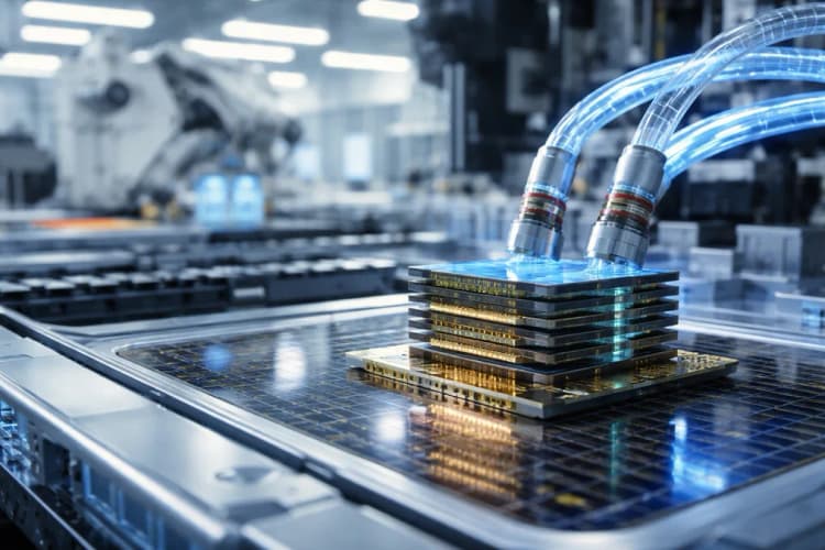 Ilustrasi fabrikasi chip memori dengan fokus pada lapisan stacked die dan sistem pendingin cair di samping jalur produksi otomatis