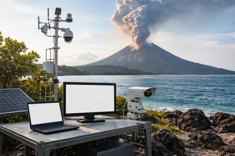 Ilustrasi stasiun pemantauan vulkanik di pulau kecil dengan antena IoT, kamera termal, dan layar monitor menampilkan grafik tremor real-time