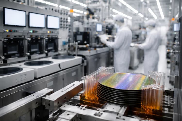 Ilustrasi pabrik fabrikasi semikonduktor modern dengan aliran wafer silikon dan panel kontrol digital di latar belakang