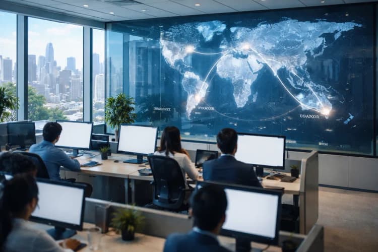 Ilustrasi kantor Databricks di Singapura dengan peta Asia Pasifik di latar belakang, menunjukkan rute koneksi data ke Jakarta, Bangkok, dan Seoul