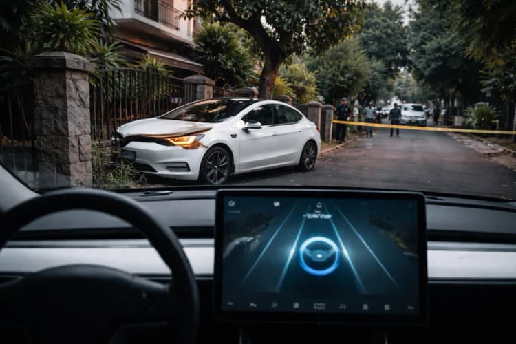 Ilustrasi jalan permukiman di Kota Bandung dengan mobil listrik berhenti di depan pagar rumah, sementara layar dashboard menampilkan ikon Autopilot aktif