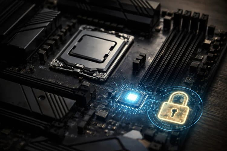 Ilustrasi motherboard Ryzen 7000 dengan highlight area BIOS/UEFI dan ikon kunci enkripsi di sudut kanan bawah