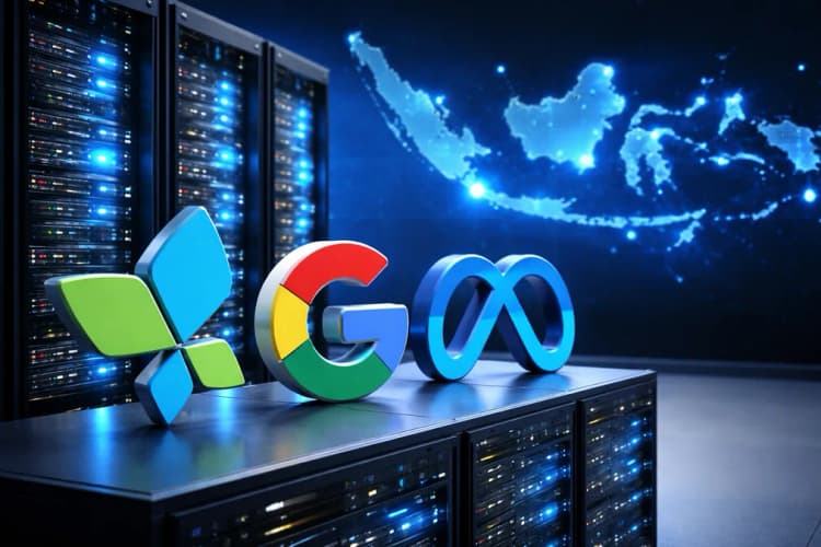 Ilustrasi server rack dengan logo AppsFlyer, Google, dan Meta di samping, latar belakang peta digital Indonesia dengan titik-titik kota besar