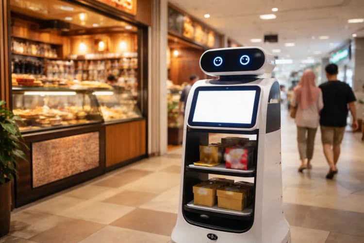 Ilustrasi robot CooWa beroperasi di koridor mall Jakarta dengan latar belakang papan nama toko lokal dan penanda bahasa Indonesia di layar antarmuka