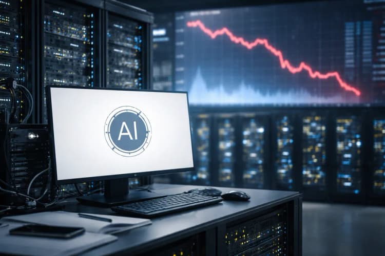 Ilustrasi server data center Tencent dengan logo Hunyuan di layar monitor, latar belakang grafik saham menurun