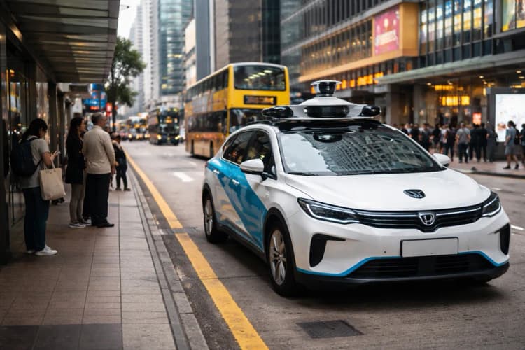 Ilustrasi jalan ramai di Central Hong Kong dengan mobil listrik WeRide-Geely berwarna putih biru berhenti di depan halte bus, sensor LIDAR tampak jelas di atapnya