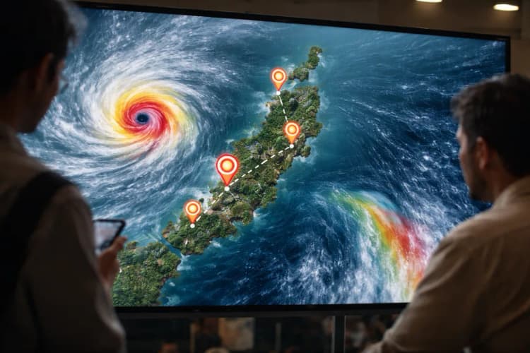 Ilustrasi peta interaktif wilayah Sangihe dengan overlay animasi gelombang dan garis notifikasi berbasis GPS
