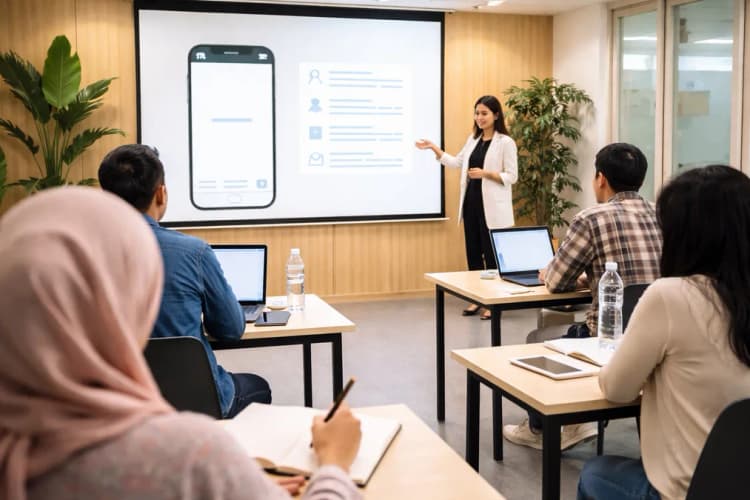 Ilustrasi ruang pelatihan UMKM di Bandung dengan layar menampilkan antarmuka WhatsApp Business berisi chatbot otomatis dan peserta sedang mencatat di buku catatan