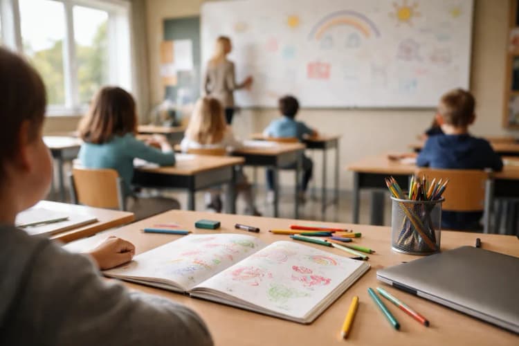 Ilustrasi kelas SD di Norwegia dengan papan tulis berisi coretan tangan anak, pensil warna berserakan, dan laptop tertutup di sudut meja