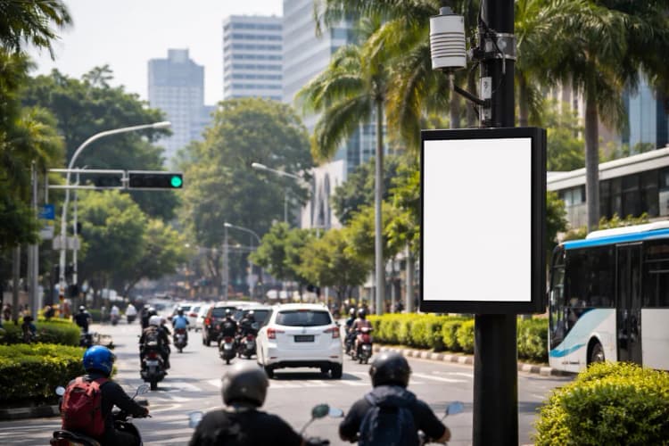 Ilustrasi persimpangan Blok M dengan sensor di tiang lampu, layar digital menampilkan indeks kualitas udara dan status kendaraan