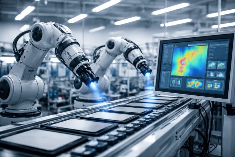 Ilustrasi lini produksi tablet di pabrik elektronik Indonesia dengan dua robot berlengan mekanis sedang memindai layar di bawah pencahayaan biru-putih, sementara layar monitor di samping menampilkan heatmap deteksi cacat
