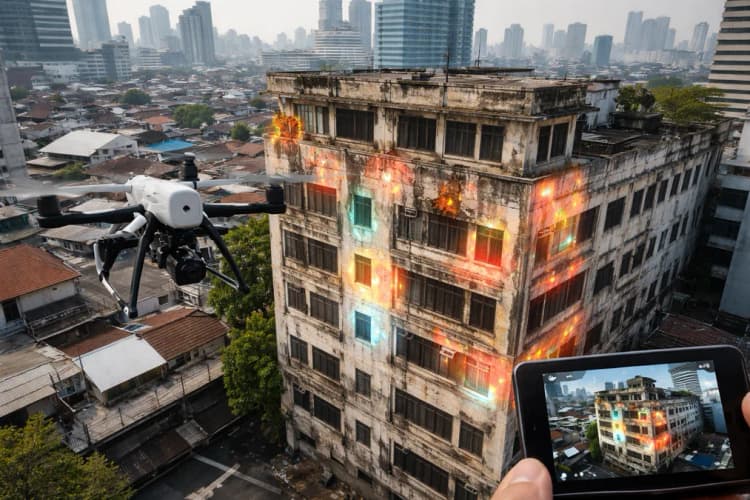 Ilustrasi drone mengambil gambar fasad gedung tua di Jakarta dengan overlay visualisasi AI menunjukkan area retak dan korosi potensial