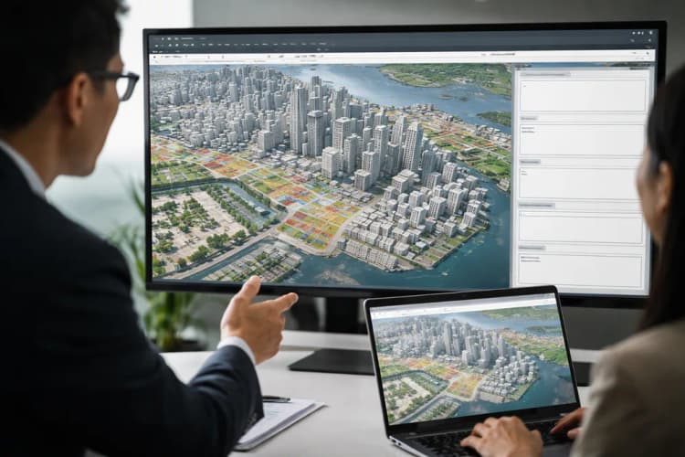 Ilustrasi antarmuka Corenet X menampilkan peta kota Singapura dengan lapisan izin bangunan aktif, model 3D gedung, dan panel komentar lintas instansi