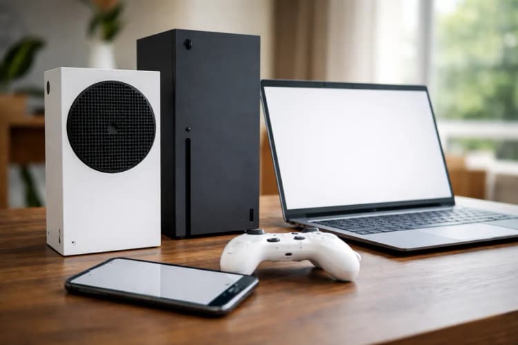 Ilustrasi perbandingan visual antara konsol Xbox Series S, ponsel Android dengan aplikasi Xbox Cloud Gaming terbuka, dan laptop Windows menjalankan Game Pass via browser