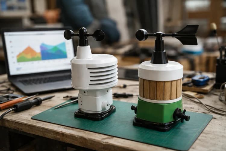 Ilustrasi dua sensor cuaca berdampingan — satu model impor berlabel 'Made in Germany', satu model lokal berlabel 'Buatan Kebumen' — diletakkan di atas meja kerja teknisi dengan laptop menampilkan grafik perbandingan akurasi