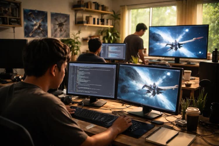 Ilustrasi studio indie kecil di Yogyakarta dengan monitor menampilkan kode C# dan simulasi manuver pesawat tempur di latar belakang