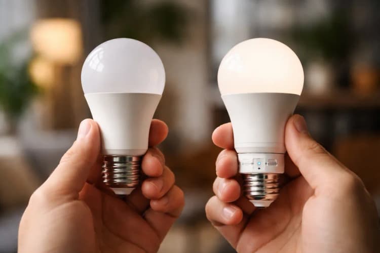 Ilustrasi perbandingan dua lampu—satu LED standar tanpa kabel tambahan, satu smart bulb dengan modul Wi-Fi kecil terlihat di dasar fitting