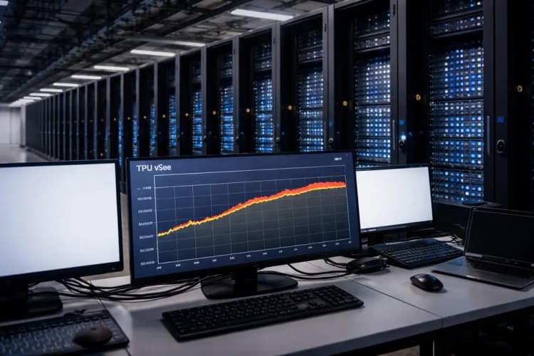 Ilustrasi pusat data Google di Oregon dengan grafik beban TPU v5e yang mendekati garis merah 92%