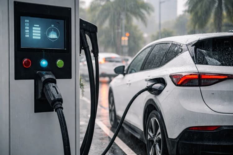 Ilustrasi mobil listrik sedang diisi daya di stasiun pengisian cepat di tengah hujan tropis, dengan panel kontrol menunjukkan suhu baterai dan status preconditioning aktif