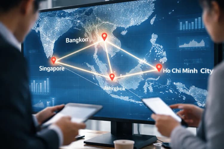 Ilustrasi peta jaringan investasi ventura Asia Tenggara dengan garis koneksi antar Singapura, Jakarta, Bangkok, dan Ho Chi Minh City