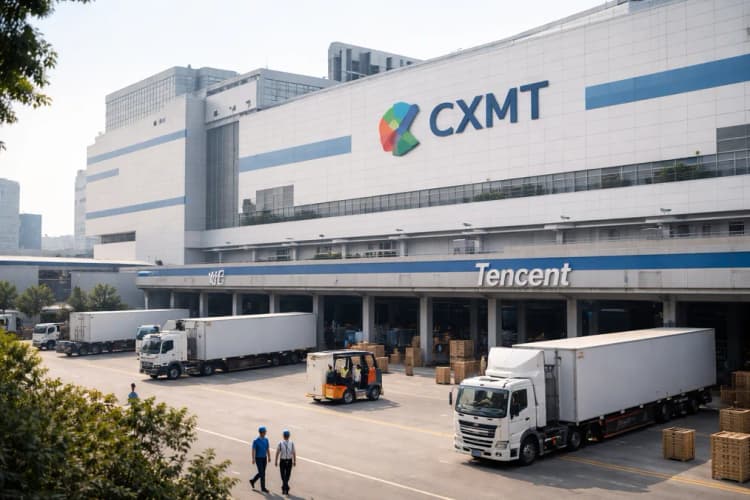 Ilustrasi pabrik semi-konduktor CXMT di Hefei dengan logo Tencent di area loading dock