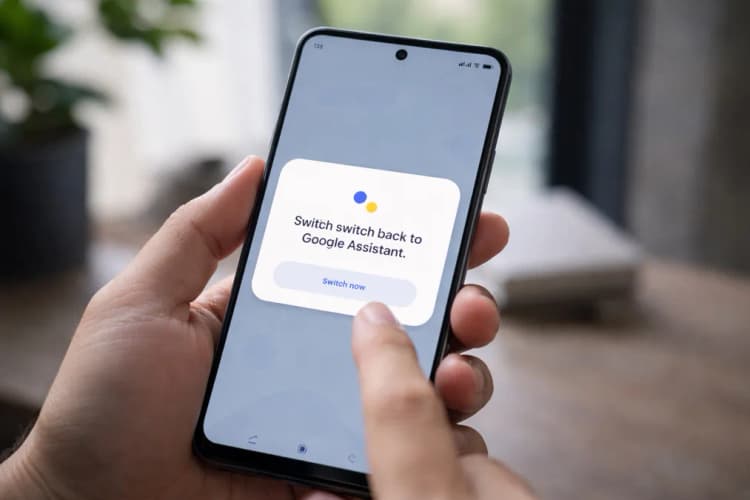 Ilustrasi layar ponsel Android menunjukkan pop-up 'Use Google Assistant instead of Gemini?' dengan tombol 'Switch now' yang ditekankan