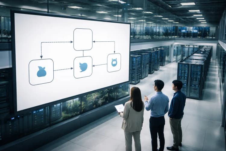 Ilustrasi pusat data Alibaba di Hangzhou dengan diagram alur integrasi antara Tongyi Lab, DingTalk, dan Tokopedia sebagai mitra potensial