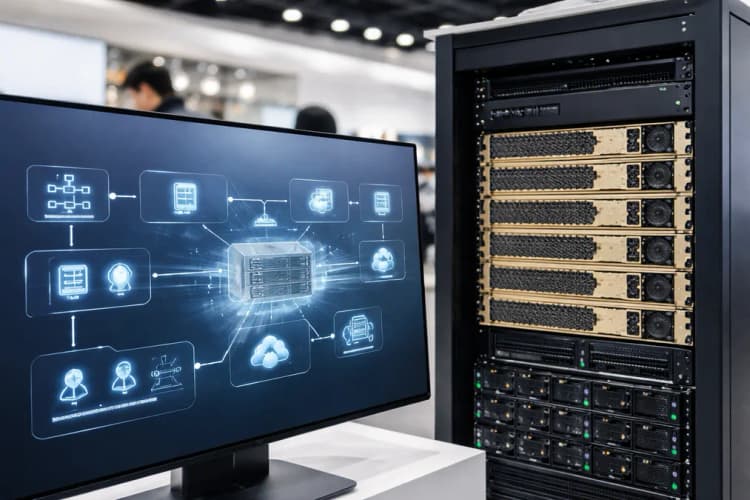 Ilustrasi server rack Huawei Ascend 910B dengan label 'openPangu inference pipeline' dan diagram alur data dari sensor industri ke model multimodal