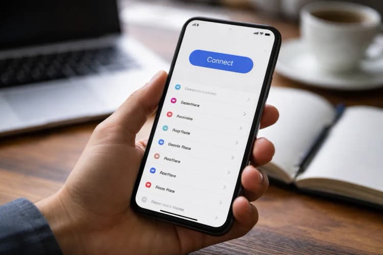 Ilustrasi antarmuka Bitdefender VPN versi mobile dengan fokus pada tombol 'Connect' tunggal dan daftar negara tanpa ikon keamanan atau detail teknis