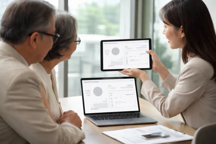 Ilustrasi antarmuka aplikasi kekayaan OCBC dengan tampilan dashboard interaktif, grafik alokasi aset, dan panel rekomendasi berbasis AI dalam bahasa Inggris dan Mandarin