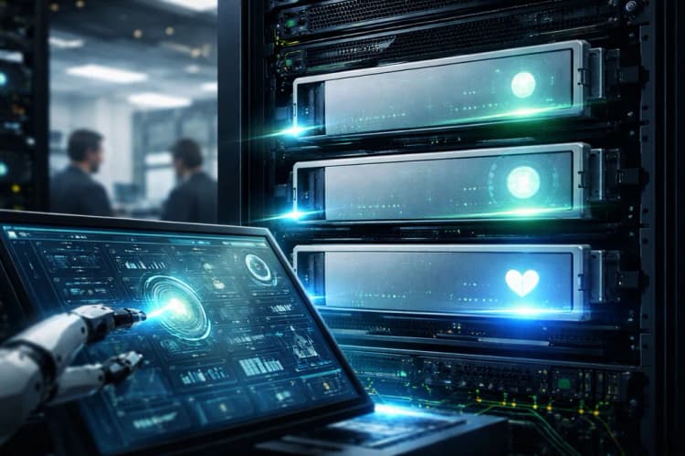 Ilustrasi server rack dengan logo-logo AOL, Evernote, dan Vimeo yang sedang 'dihidupkan kembali' melalui antarmuka dashboard berbasis AI