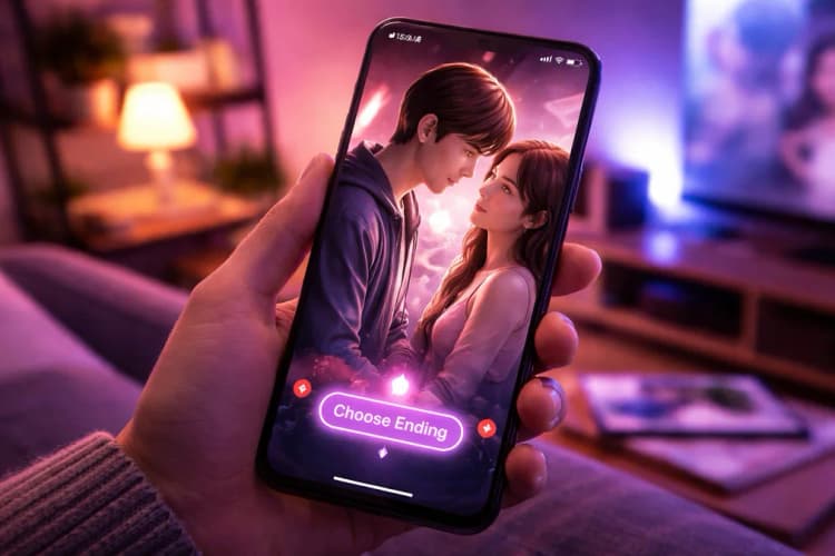 Ilustrasi ponsel Android menampilkan antarmuka DramaWave dengan karakter 3D sedang berdialog, latar belakang gradasi ungu-magenta, ikon 'pilih akhir' bercahaya di bawah layar