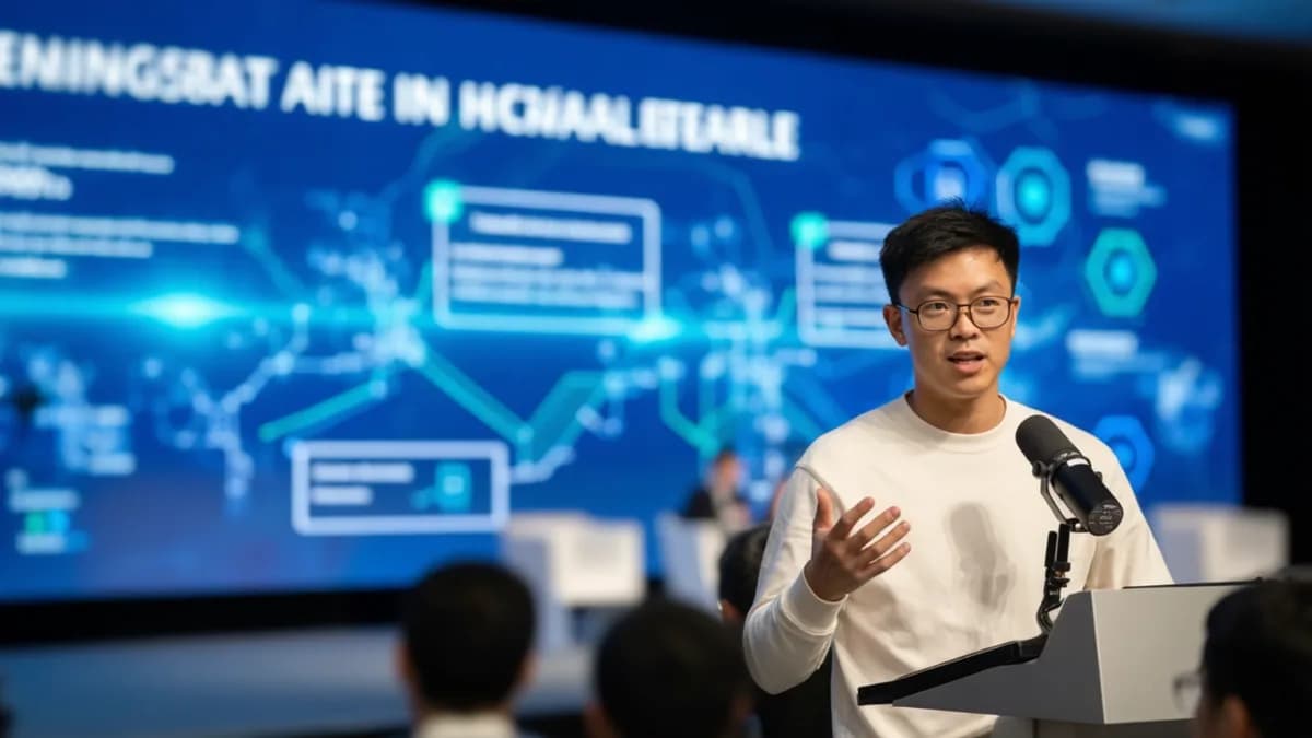 Man speaking into microphone: AI Murah Bukan Kunci Masuk Rumah Sakit
