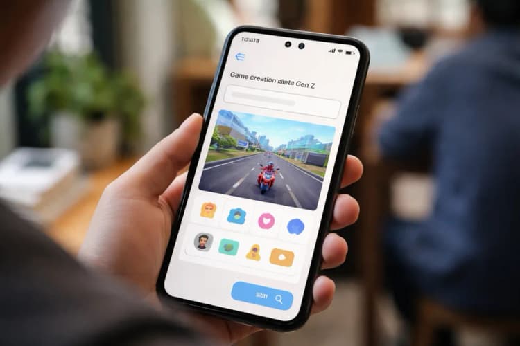 Ilustrasi layar ponsel menampilkan antarmuka Pocket dengan prompt berbahasa Indonesia dan preview mini game balap motor di jalan tol