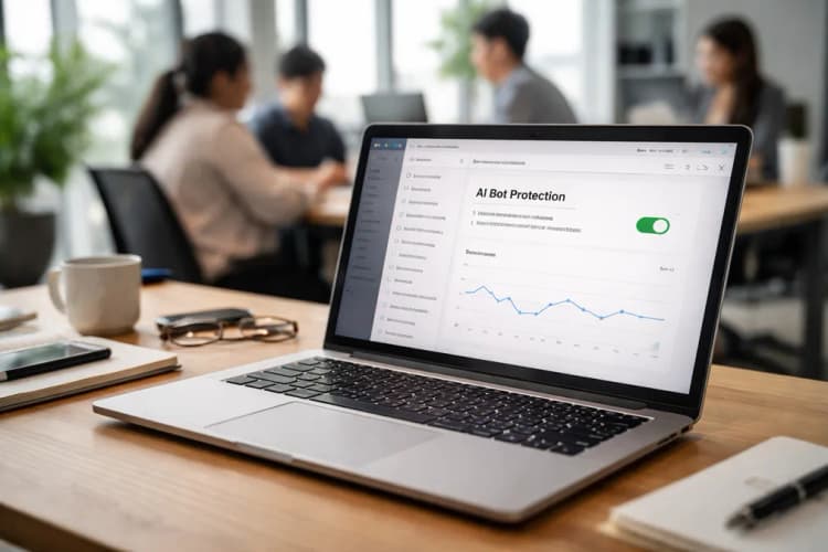 Ilustrasi dashboard Cloudflare dengan panel 'AI Bot Protection' aktif, ditampilkan di layar laptop, latar belakang kantor startup teknologi di Jakarta