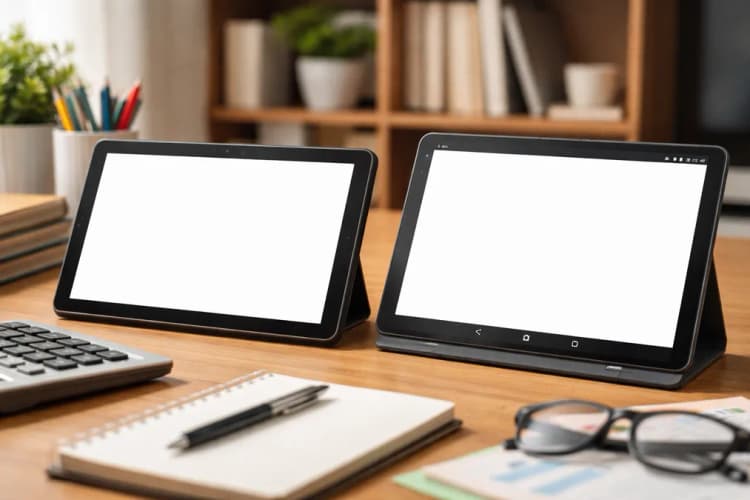 Ilustrasi Fire HD 10 generasi baru di samping tablet Android open-source dengan layar menampilkan antarmuka e-faktur dan modul pelatihan UMKM