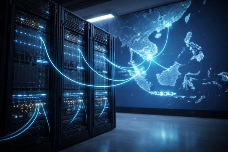 Ilustrasi server rack dengan label 'Shenhao Cloud' dan koneksi garis ke peta Asia Tenggara, menunjukkan jalur data dari Singapura ke Jakarta, Bangkok, dan Ho Chi Minh City