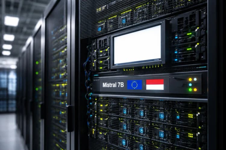 Ilustrasi server rack di pusat data Jakarta dengan label 'Mistral 7B running on-premise' dan ikon bendera Uni Eropa serta Indonesia