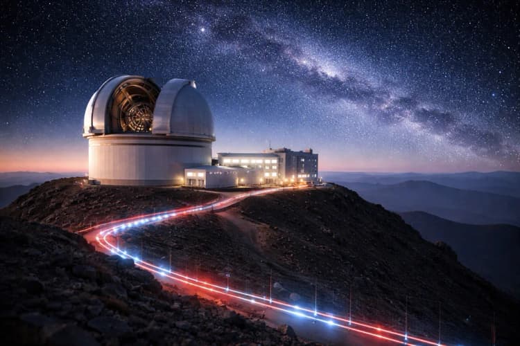 Ilustrasi teleskop Vera C. Rubin Observatory di puncak gunung Chili dengan langit berbintang dan garis waktu digital menunjukkan rentang 2025–2035