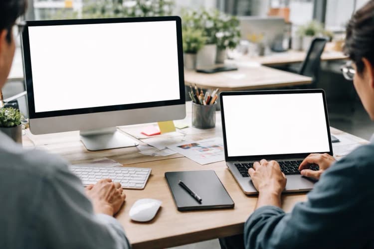 Ilustrasi perbandingan antara antarmuka Nano Banana 2 Lite di browser kantor Google dan antarmuka sederhana Leonardo.Ai di laptop kreator lokal