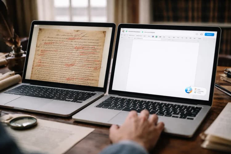 Ilustrasi dua layar berdampingan: kiri menampilkan naskah asli Declaration of Independence dengan coretan tinta merah, kanan menampilkan antarmuka Google Docs dengan komentar 'Suggestion mode on' dan ikon Gemini berkedip
