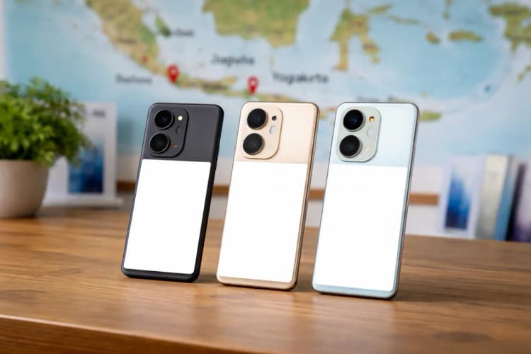 Ilustrasi tiga varian Oppo Reno16 berjejer di atas meja kayu jati dengan latar belakang peta Indonesia yang menyorot Bali, Yogyakarta, dan Jakarta