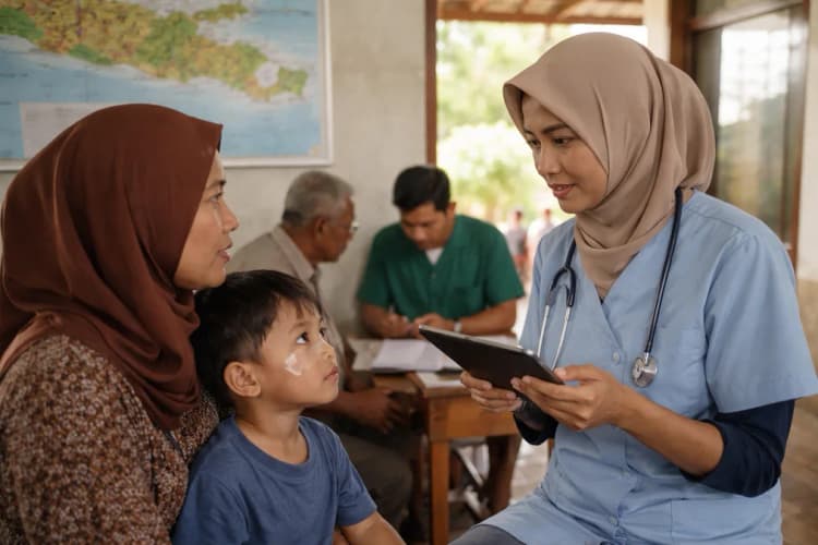 Ilustrasi puskesmas pedesaan dengan petugas kesehatan menggunakan tablet untuk merekam riwayat kontak hewan, latar belakang peta Jawa Timur dan NTB