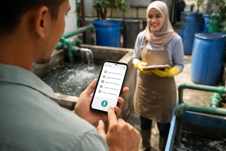 Ilustrasi antarmuka mobile Pulse menampilkan checklist harian pengelolaan limbah cair dengan ikon berbasis ikon lokal dan tombol rekam suara aktif