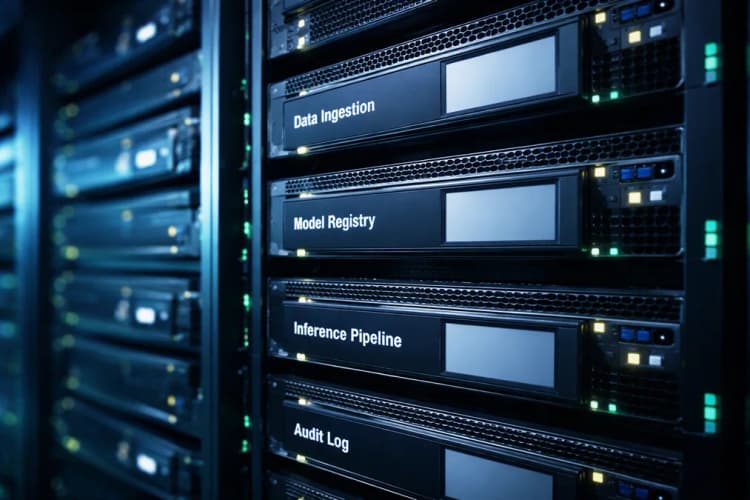Ilustrasi server rack dengan label 'Data Ingestion', 'Model Registry', 'Inference Pipeline', dan 'Audit Log' tertulis jelas di tiap komponen, latar belakang warna biru tua dan hijau toska
