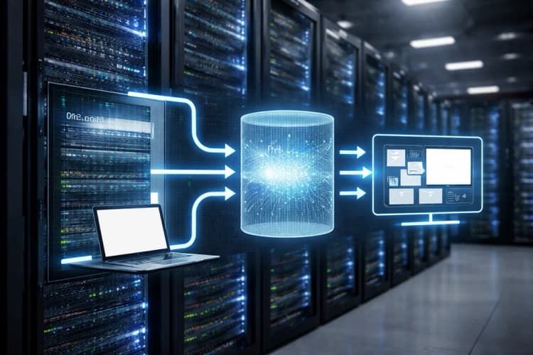 Ilustrasi server Azure Maia dengan diagram alur data masuk ke model Phi-4 dan keluar sebagai output terstruktur
