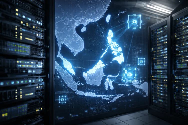 Ilustrasi server rack dengan logo Zetrix AI dan peta Asia Tenggara yang menyorot Malaysia dan Filipina, disertai ikon blockchain dan AI