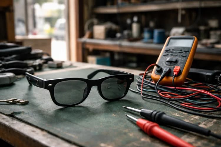 Ilustrasi kacamata Ray-Ban Meta di atas meja servis elektronik, dengan kabel tester dan multimeter di sampingnya, latar belakang toko reparasi kecil di Bandung