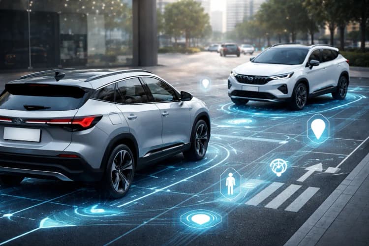 Ilustrasi dua mobil Renault Korea generasi terbaru dengan overlay visual peta digital presisi tinggi dan ikon sistem bantuan pengemudi aktif
