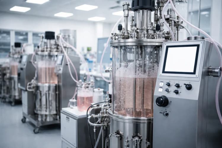 Ilustrasi bioreaktor berteknologi tinggi dengan panel kontrol digital dan tabung kultur sel transparan, latar belakang laboratorium bersih berstandar GMP